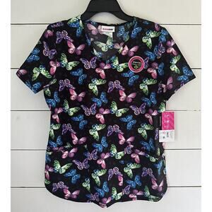 NEW Performance Scrub Top Women’s Black Bright Butterfly Scrubstar Small NWT
